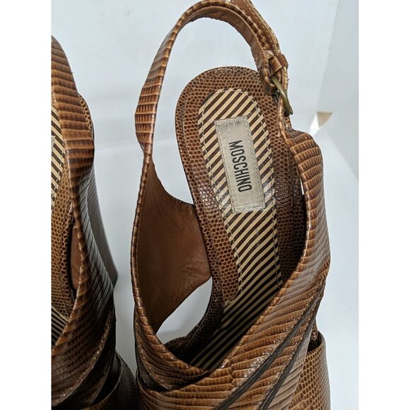 MOSCHINO Women'ts Vtg BROWN LEATHER SLINGBACK PLATFORM HEELS Size 39.5 - Picture 5 of 13